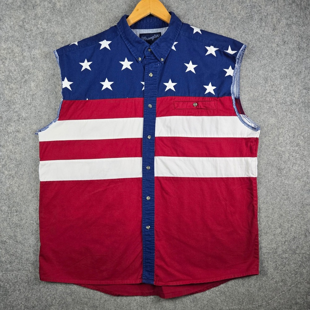 Wrangler Western Shirt Mens XL Red White Blue American Flag Stars Stripes Cutoff